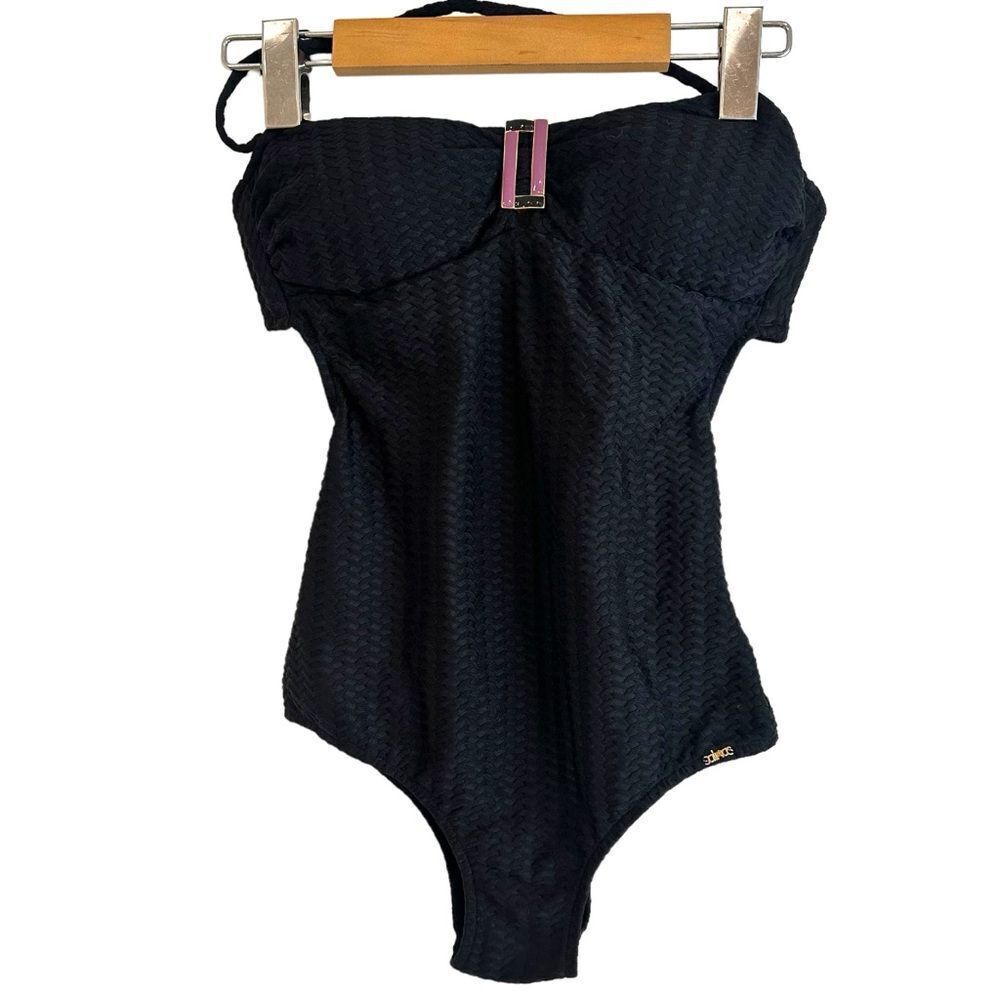 Salinas Black Bandeau Herringbone Texture Brazilian One Piece Swimsuit XS